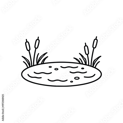 Spring pond with reeds black and white vector illustration spring pond line art