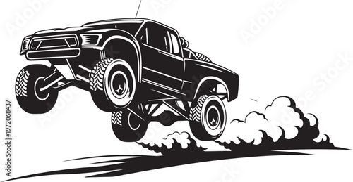 Off-road, monster truck, vector illustration, black and white, jumping, automotive design