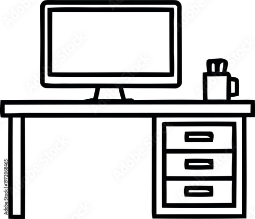 Quadro su tela Simple black and white line drawing of a modern computer desk setup with monitor