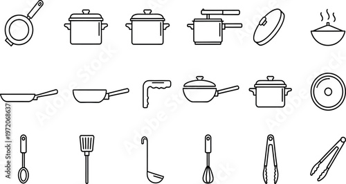 Collection of black and white line art kitchen utensils and cookware items displayed on a white background