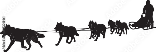Dog sled team, sled dog, winter sports, outdoor adventure, black silhouette