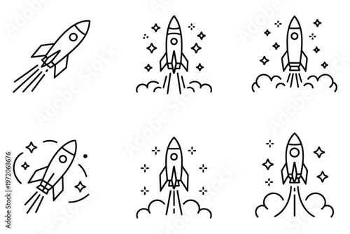 Rocket launch icon line art vector illustration design, clean vector outline of rocket liftoff, symbolizing aerospace, space travel, and scientific innovation