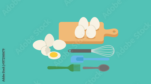 Illustration of Fresh Eggs with Kitchen Utensils for Cooking.
