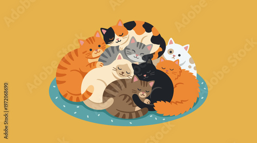 Pile of Adorable Cats Sleeping Together in a Cozy Heap.