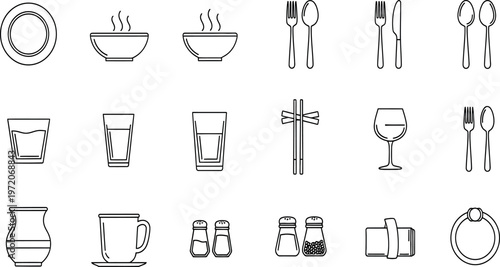A collection of minimalist black and white line art icons depicting various household objects and tableware items