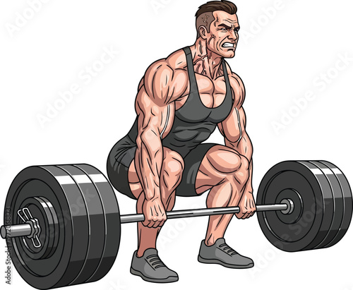 Muscular man performing a heavy deadlift with an intense expression a powerful vector illustration for fitness gym and strength training concepts isolated on white background