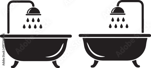 Shower head with water droplets and a bath tub black vector sign set. Washroom, bathroom symbol, glyph isolated icon.