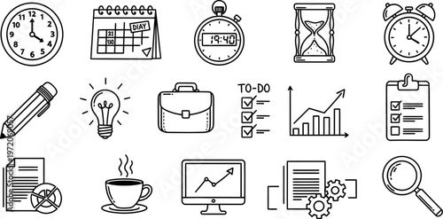 Title hand drawn business and time management icons set a collection of doodle style illustrations for productivity and planning description a black and white