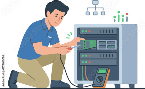 Technician examines industrial equipment with a multimeter in a workshop setting.