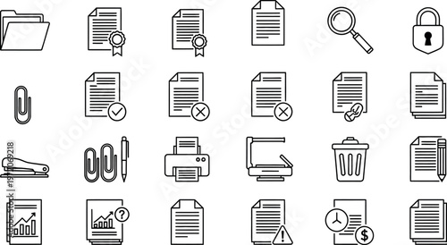 Collection of black and white line icons representing documents files and office related concepts