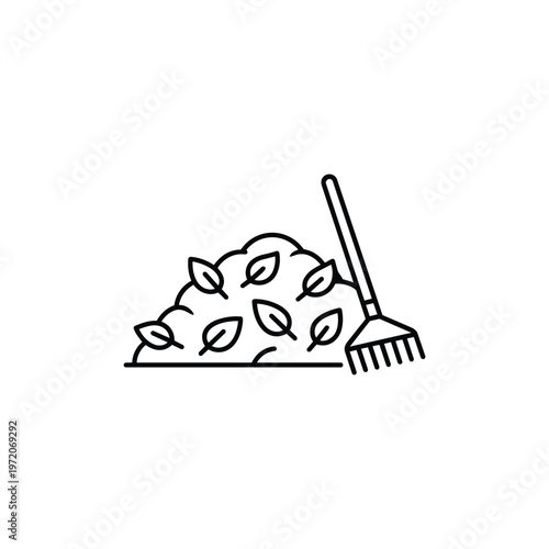 Spring cleaning leaves black and white vector rake and leaf pile spring gardening illustration