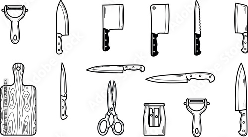 A collection of kitchen utensils knives peelers scissors and a cutting board in black and white