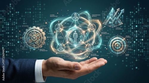Business ecosystem concept with teamwork network innovation strategy and growth analytics
