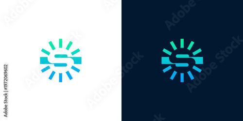 Modern abstract letter S logo design featuring a radiant, gradient flow of blue and green, symbolizing innovation, connection, and dynamic energy for digital businesses and technology startups