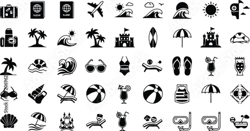 A curated collection of modern black and white icons illustrating summer vacation, beach holidays, and various travel activities with clarity and style