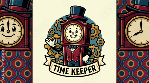 Cartoon clock character Time Keeper.