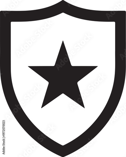 Shield icon, star symbol, protection sign, security logo, black and white vector graphic