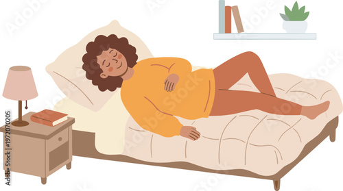 Woman lies on bed with yellow sweater on, resting beside a nightstand