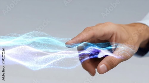 Energy Connection: A close-up view of a hand interacting with abstract energy, highlighting concepts of technology, connectivity, and innovation.