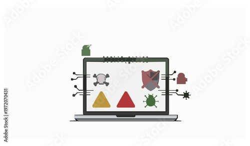 Laptop under hacker cyber attack line art vector illustration