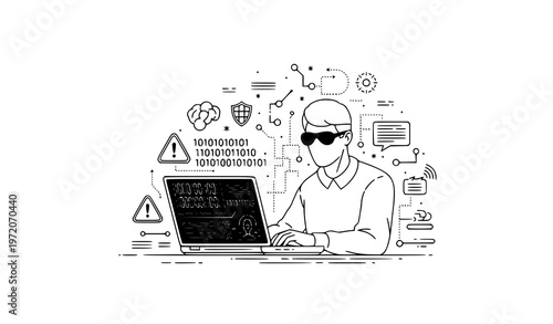 Hacker laptop cyber attack line art vector illustration