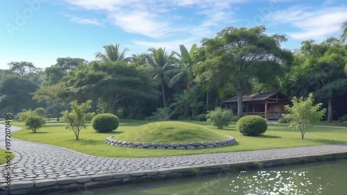 Serene Tropical Park Landscape with Cobblestone Pathway and Lush Green Trees seemles looping Video 4K Quality 