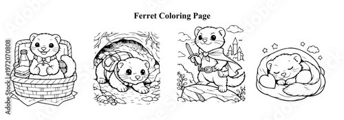 Cute Ferret Coloring Page Set – Black and White Line Art Ferret Adventure Scenes for Kids and Adults