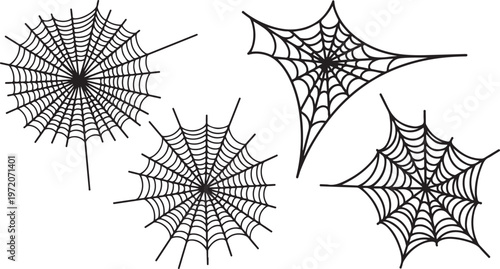 Three black spider webs on white background, halloween concept