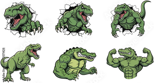 Aggressive Dinosaur Mascot Character Illustration Set with T Rex Monster Poses Roaring Expressions and Strong Cartoon Style for Gaming Branding Design