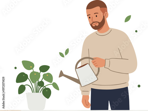 Man watering plant with a watering can in a pot on a table indoors
