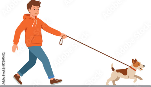 Man walking dog on leash in park outdoors.