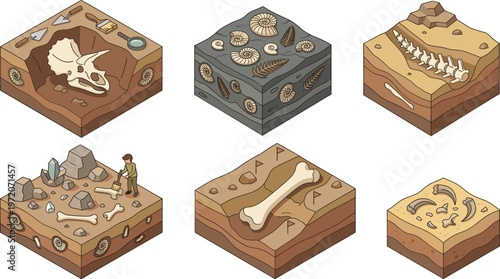 Archaeology Excavation and Fossil Discovery Isometric Illustration Set Featuring Dinosaur Skeletons, Geological Layers, Ancient Artifacts, and Paleontology Research Scenes