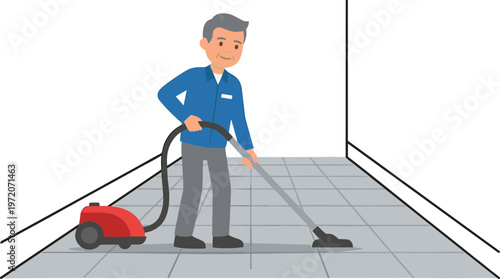 Man cleaning floor with vacuum cleaner in a room