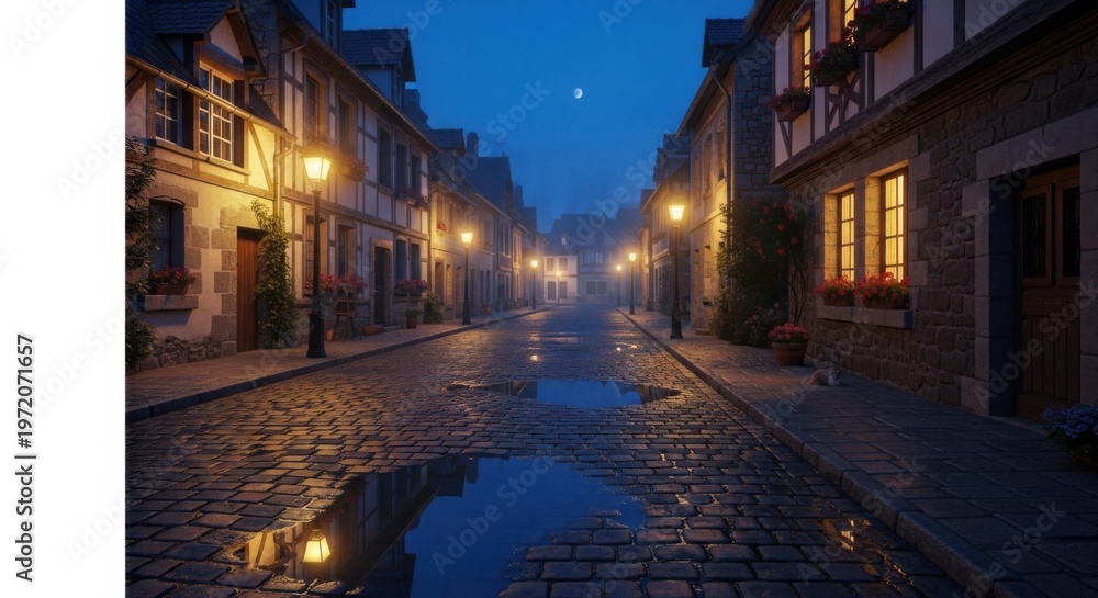 Fototapeta premium Charming cobblestone street at dusk with warm streetlights and reflections in rain