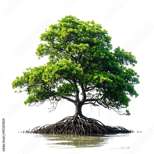 A tree with exposed roots in water