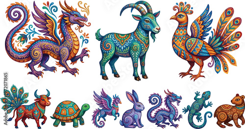 Colorful Fantasy Animal and Mythical Creature Illustration Set Featuring Dragon Goat Bird Turtle Peacock Rabbit Lizard and Decorative Folk Art Style Designs