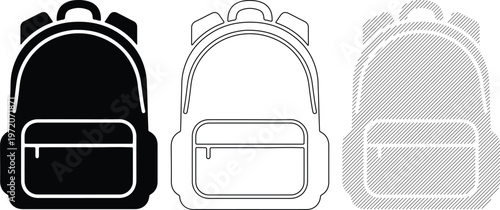 Backpacks Collection: Black Outline and Hatched Styles for Travel and School Gear