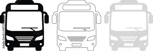 Bus Front View Icons: Solid Black Outline and Hatch Pattern Minimalist Design for Transportation Concepts