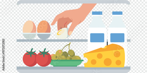 Hand Picking Egg Healthy Food Fridge Concept