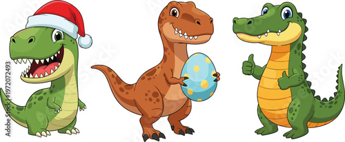 Cute Cartoon Dinosaur Character Illustration Set with T Rex Wearing Santa Hat Holding Egg and Friendly Reptile Poses for Kids Design