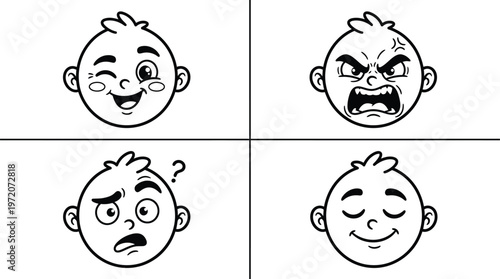Cartoon expressive faces of babies show various emotions and reactions.