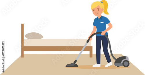 Woman vacuums floor beside bed in bedroom with cleaning machine