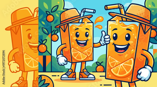 Cartoon orange juice characters smiling.
