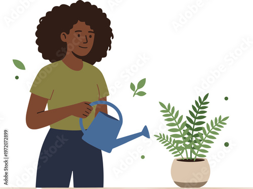 A woman waters a plant with a watering can indoors happily