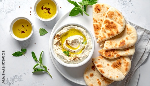 A white plate of hummus with olive oil and toasted pita bread