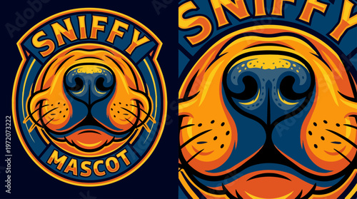 Sniffy dog mascot logo closeup.