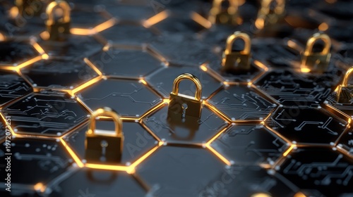 Abstract digital world concept with glowing hexagonal grid and figures