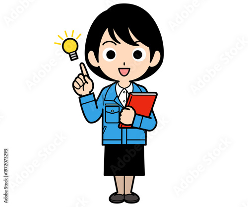 ファイルを持ってアイデアを閃くショートヘアーの事務員の女性