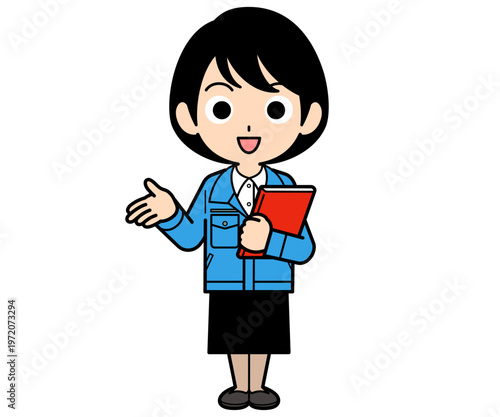 ファイルを持って紹介するショートヘアーの事務員の女性