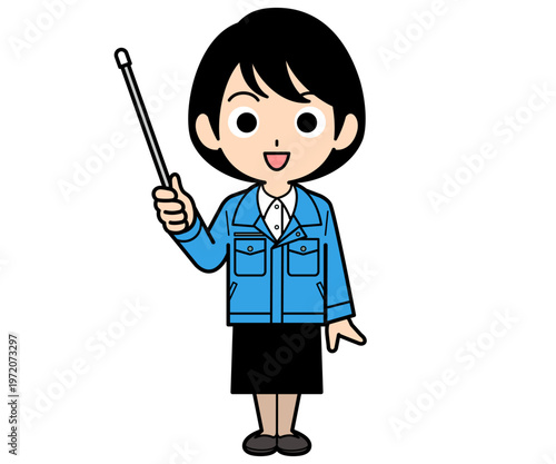 差し棒を持って説明するショートヘアーの事務員の女性